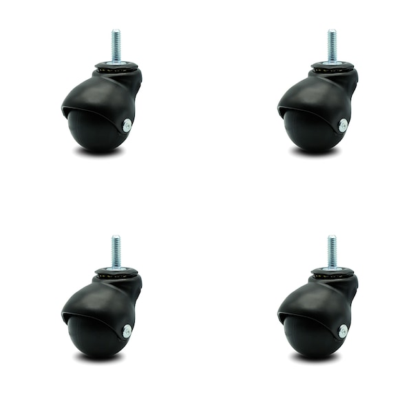 2 Inch Flat Black Hooded 5/16 Inch Threaded Stem Ball Caster SCC, 4PK
